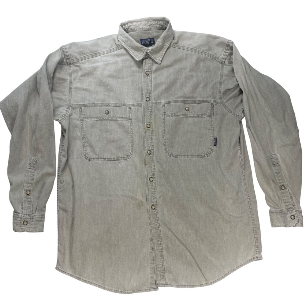 Patagonia Mens Long Sleeve Snap Front Work Shirt Gray Tan Cotton Blend XL